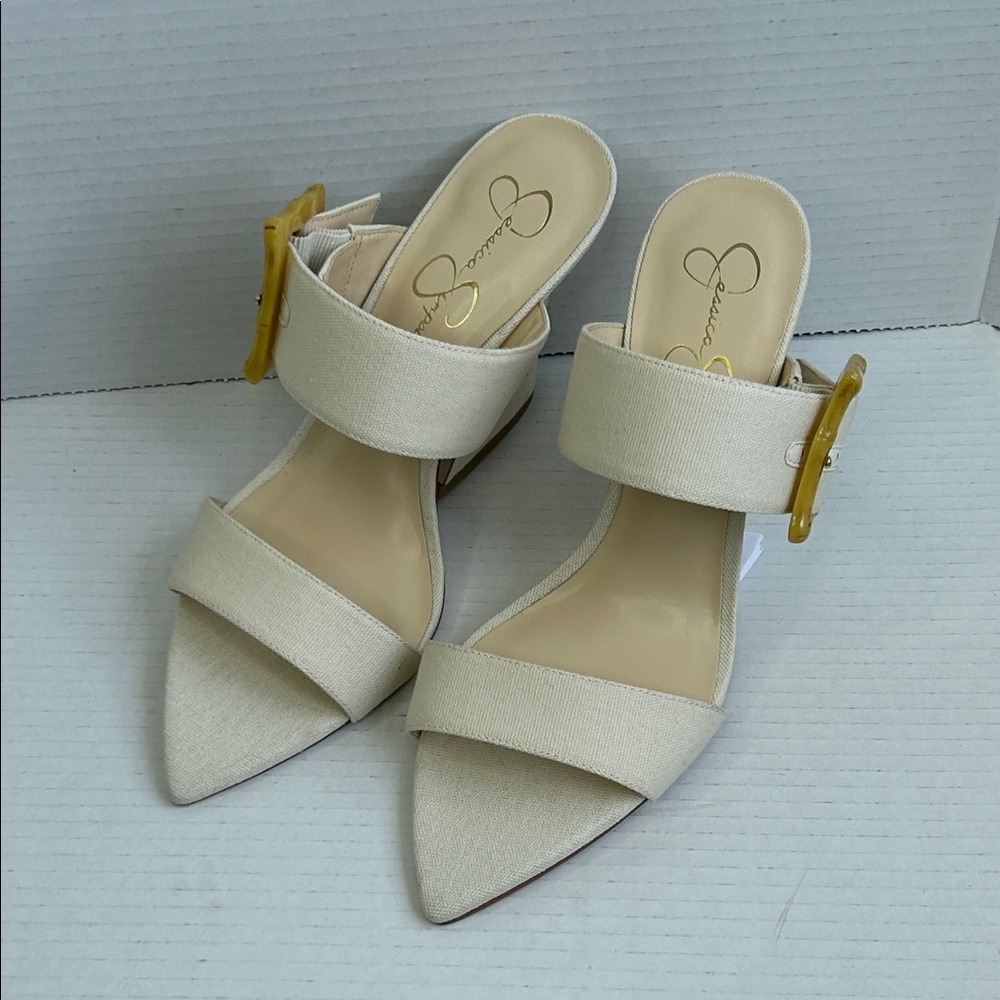 Jessica Simpson JS-QENA Beige Canvas Wedge Mules | Size 10M